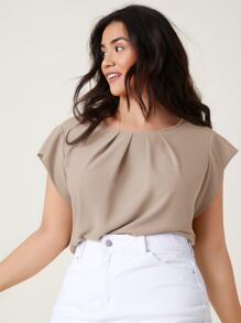 SHEIN Clasi 大碼折疊百褶素色上衣 - 卡其色 - 查看 5