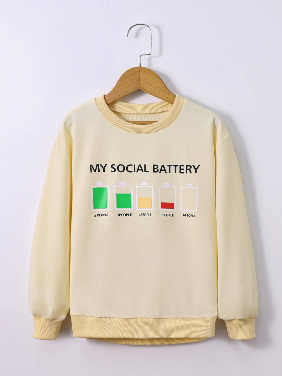 Girls Battery & Letter Graphic Sweatshirt - Beige - View 1