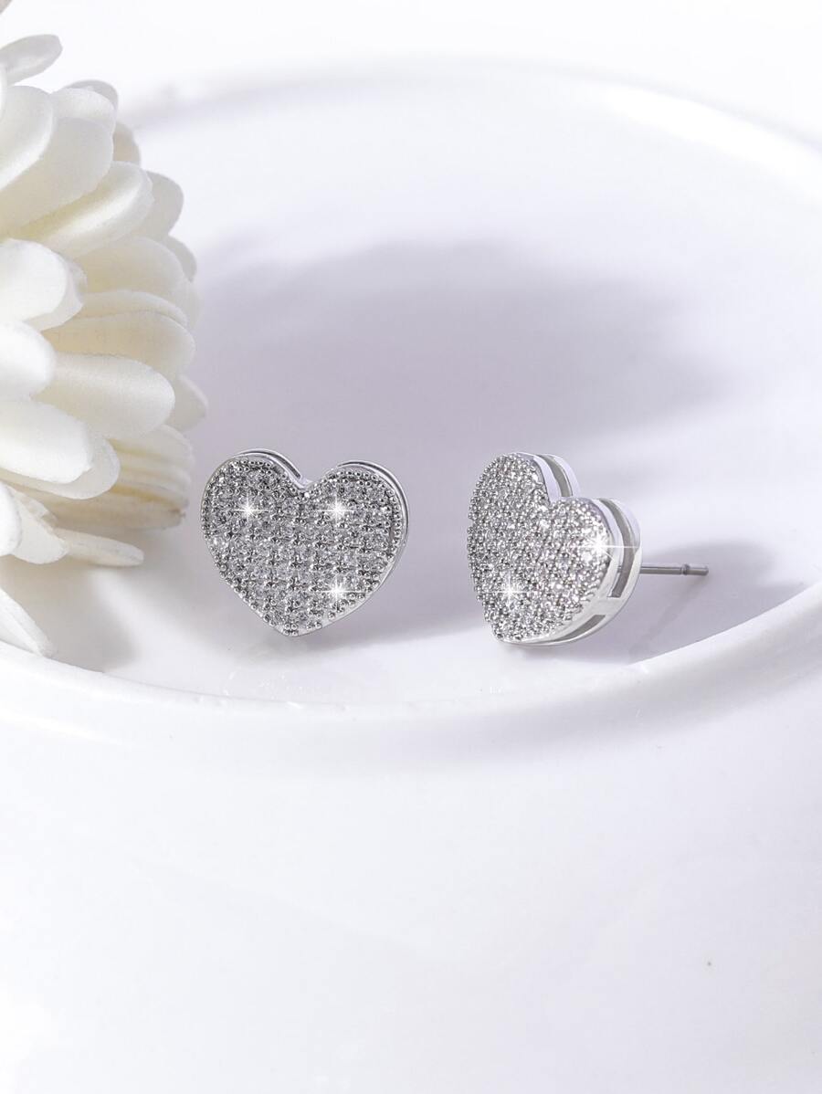 Bông tai stud Khối Zirconia  Trang trí trái tim - Bạc - Xem 1
