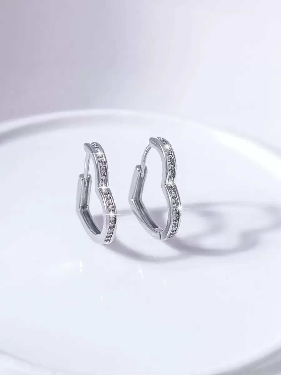 Aretes aro con diseño de corazón de circonita cúbica, regalo para San Valentín, mamá, madre, Día de la Madre - Plateado - Ver 1