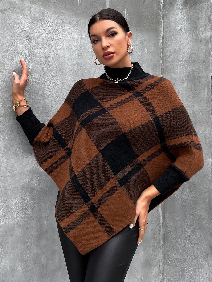SHEIN LUNE Mock Neck Plaid Knit Poncho - Multicolor - View 1