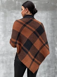 SHEIN LUNE Mock Neck Plaid Knit Poncho - Multicolor - View 2