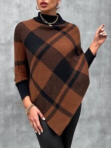 SHEIN LUNE Mock Neck Plaid Knit Poncho - Multicolor - View 3