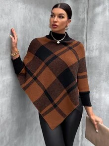 SHEIN LUNE Mock Neck Plaid Knit Poncho - Multicolor - View 4
