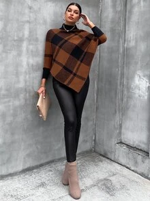 SHEIN LUNE Mock Neck Plaid Knit Poncho - Multicolor - View 5