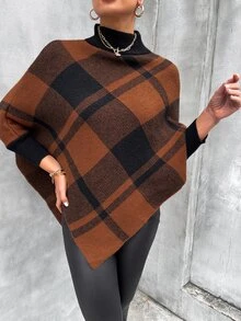 SHEIN LUNE Mock Neck Plaid Knit Poncho - Multicolor - View 6