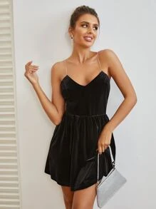 SHEIN Solid Chain Strappy Crisscross Velvet Cami Dress - Black - View 4