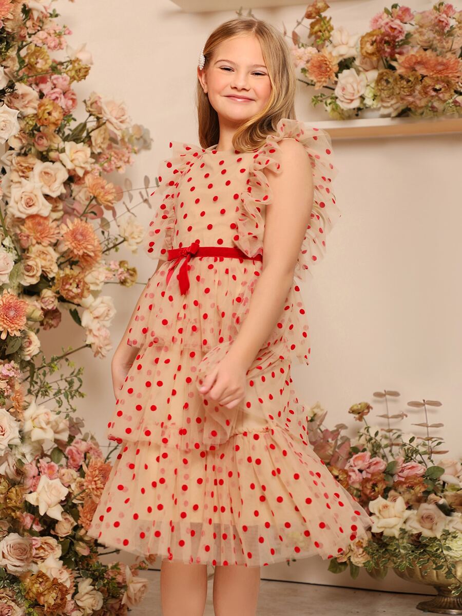 SHEIN 女大童波卡圓點前蝴蝶結多層下擺派對禮服 - 杏色 - 查看 1