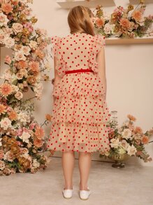 SHEIN 女大童波卡圓點前蝴蝶結多層下擺派對禮服 - 杏色 - 查看 2