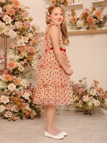 SHEIN 女大童波卡圓點前蝴蝶結多層下擺派對禮服 - 杏色 - 查看 4