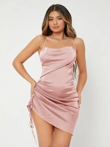 SHEIN SXY Drawstring Ruched Crisscross Cami Satin Dress - Dusty Pink - View 1