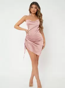 SHEIN SXY Drawstring Ruched Crisscross Cami Satin Dress - Dusty Pink - View 3