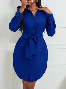 Zolique Đầm Thắt lưng Nút phía trước màu trơn Giải trí - Xanh đậm - Xem 3