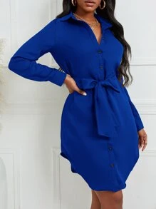 Zolique Đầm Thắt lưng Nút phía trước màu trơn Giải trí - Xanh đậm - Xem 5