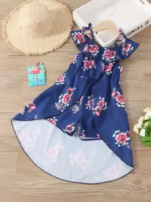 Toddler Girls Floral Print Cold Shoulder Ruffle Trim High Low Romper - Navy Blue - View 1