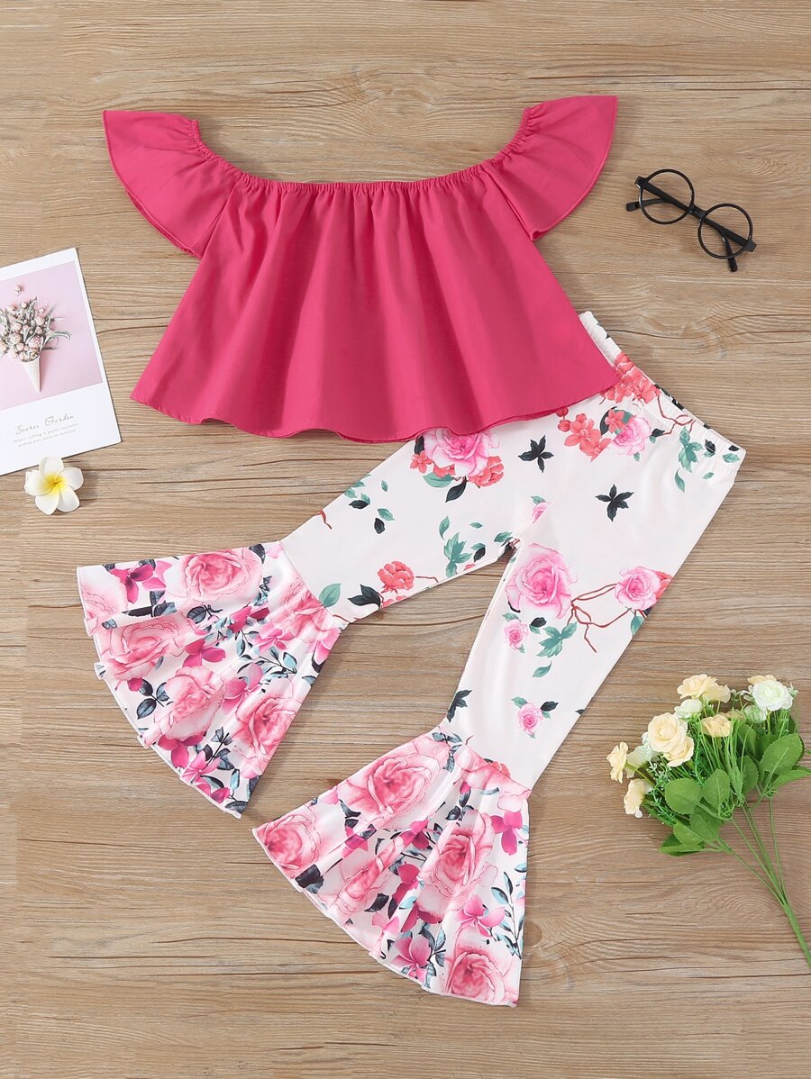 小女童露肩上衣和印花喇叭褲 - 彩色 - 查看 1