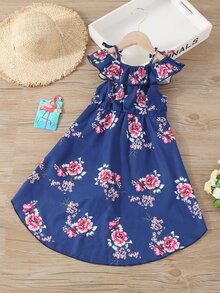 Toddler Girls Floral Print Cold Shoulder Ruffle Trim High Low Romper - Navy Blue - View 2