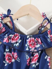 Toddler Girls Floral Print Cold Shoulder Ruffle Trim High Low Romper - Navy Blue - View 3