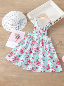 SHEIN 小女童滿版印花背帶裙附帽子 - 彩色 - 查看 2