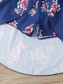 Toddler Girls Floral Print Cold Shoulder Ruffle Trim High Low Romper - Navy Blue - View 4