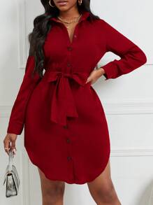 VaVaBold Curved Hem Belted Shirt Dress - Burgundy - View 1