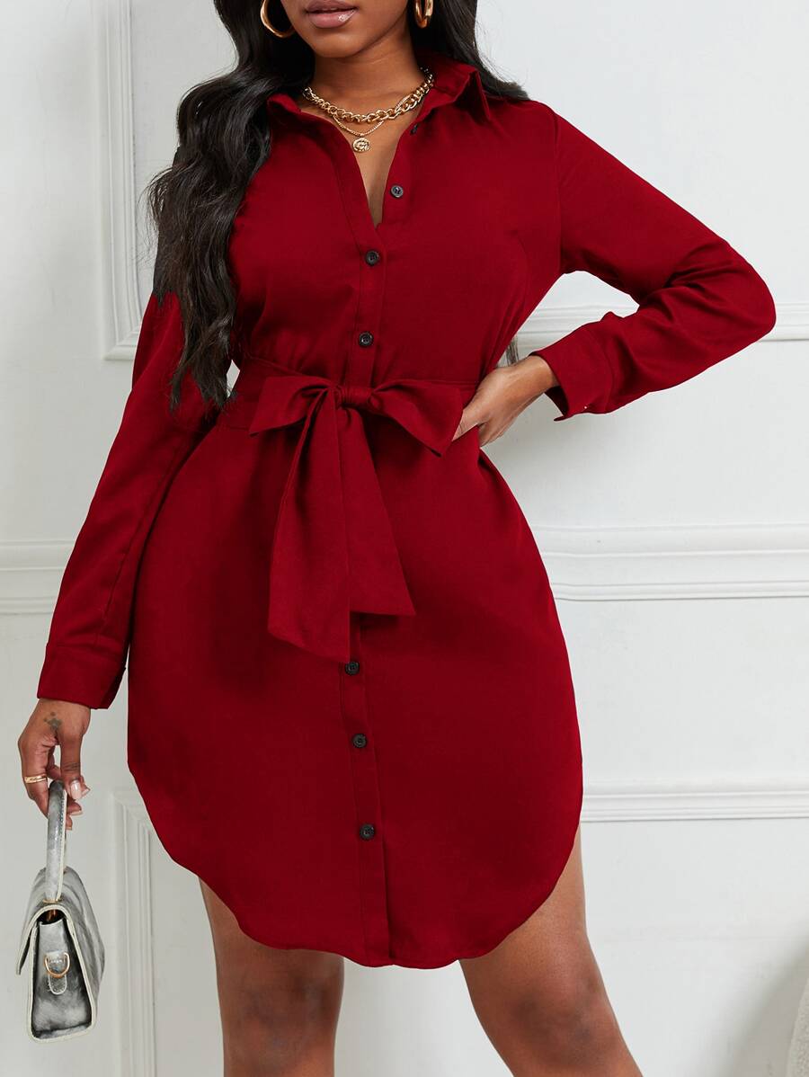 VaVaBold Curved Hem Belted Shirt Dress - Burgundy - View 1