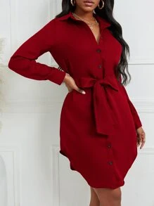VaVaBold Curved Hem Belted Shirt Dress - Burgundy - View 3