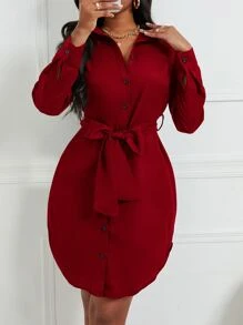 VaVaBold Curved Hem Belted Shirt Dress - Burgundy - View 4