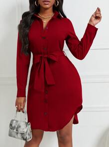 VaVaBold Curved Hem Belted Shirt Dress - Burgundy - View 5