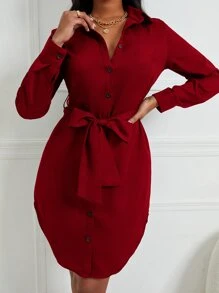 VaVaBold Curved Hem Belted Shirt Dress - Burgundy - View 6