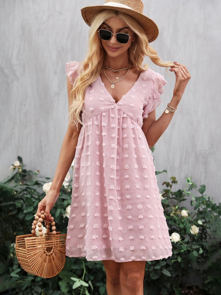 圓點荷葉邊雪紡連衣裙 - 淺粉色 - 查看 1