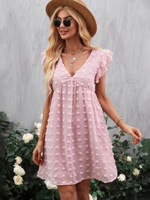 圓點荷葉邊雪紡連衣裙 - 淺粉色 - 查看 3