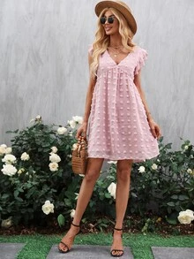 圓點荷葉邊雪紡連衣裙 - 淺粉色 - 查看 4