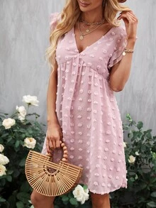 圓點荷葉邊雪紡連衣裙 - 淺粉色 - 查看 5