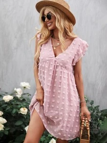 圓點荷葉邊雪紡連衣裙 - 淺粉色 - 查看 6