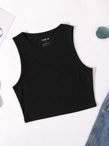Solid Ribbed Knit Tank Top - Black - View 1