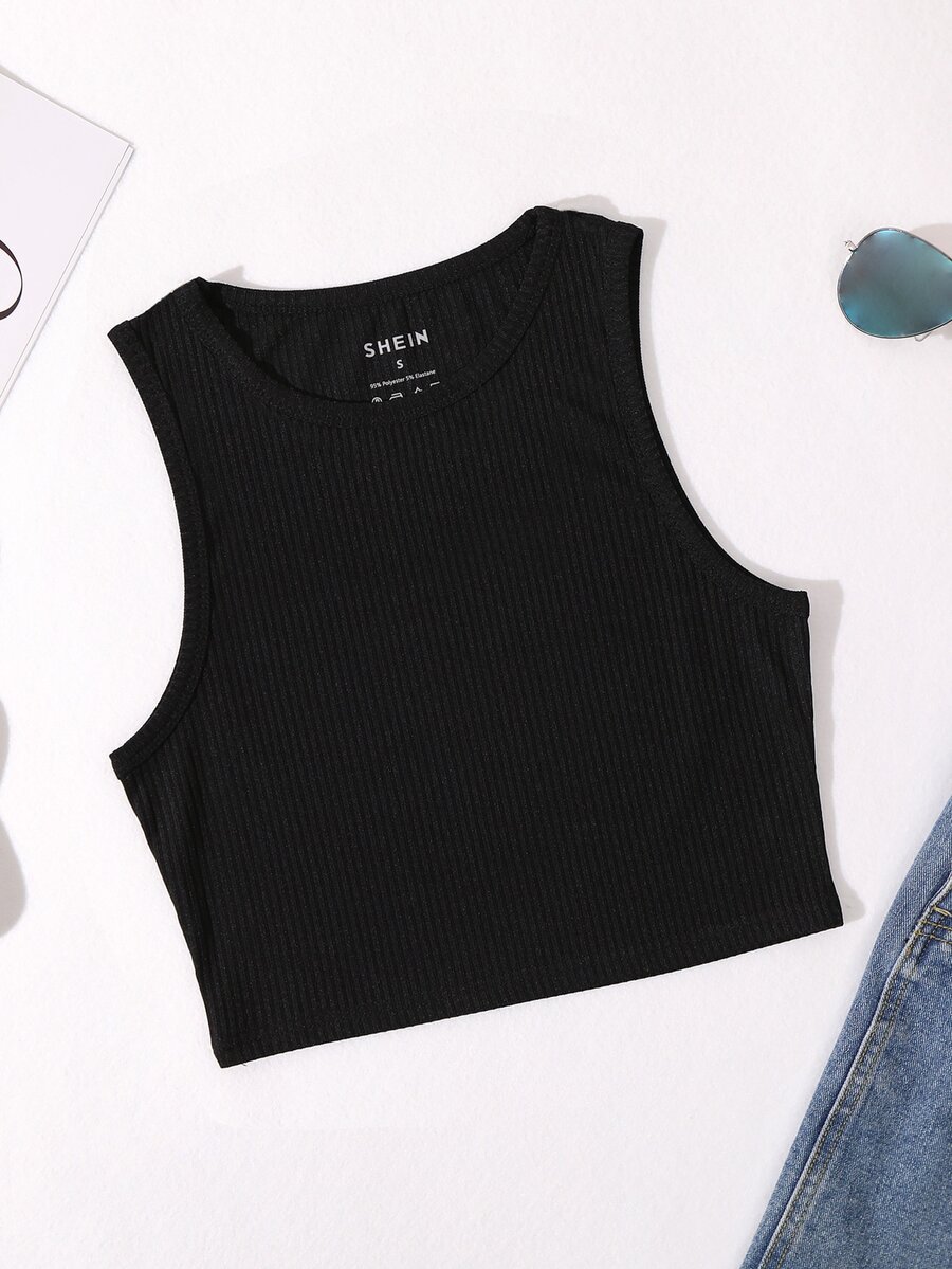 Solid Ribbed Knit Tank Top - Black - View 1