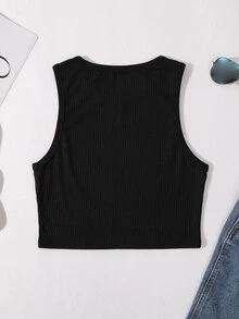 Solid Ribbed Knit Tank Top - Black - View 2
