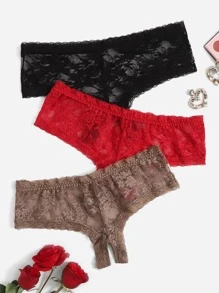 3pack Plus Floral Lace Open Crotch Panty - Multicolor - View 1