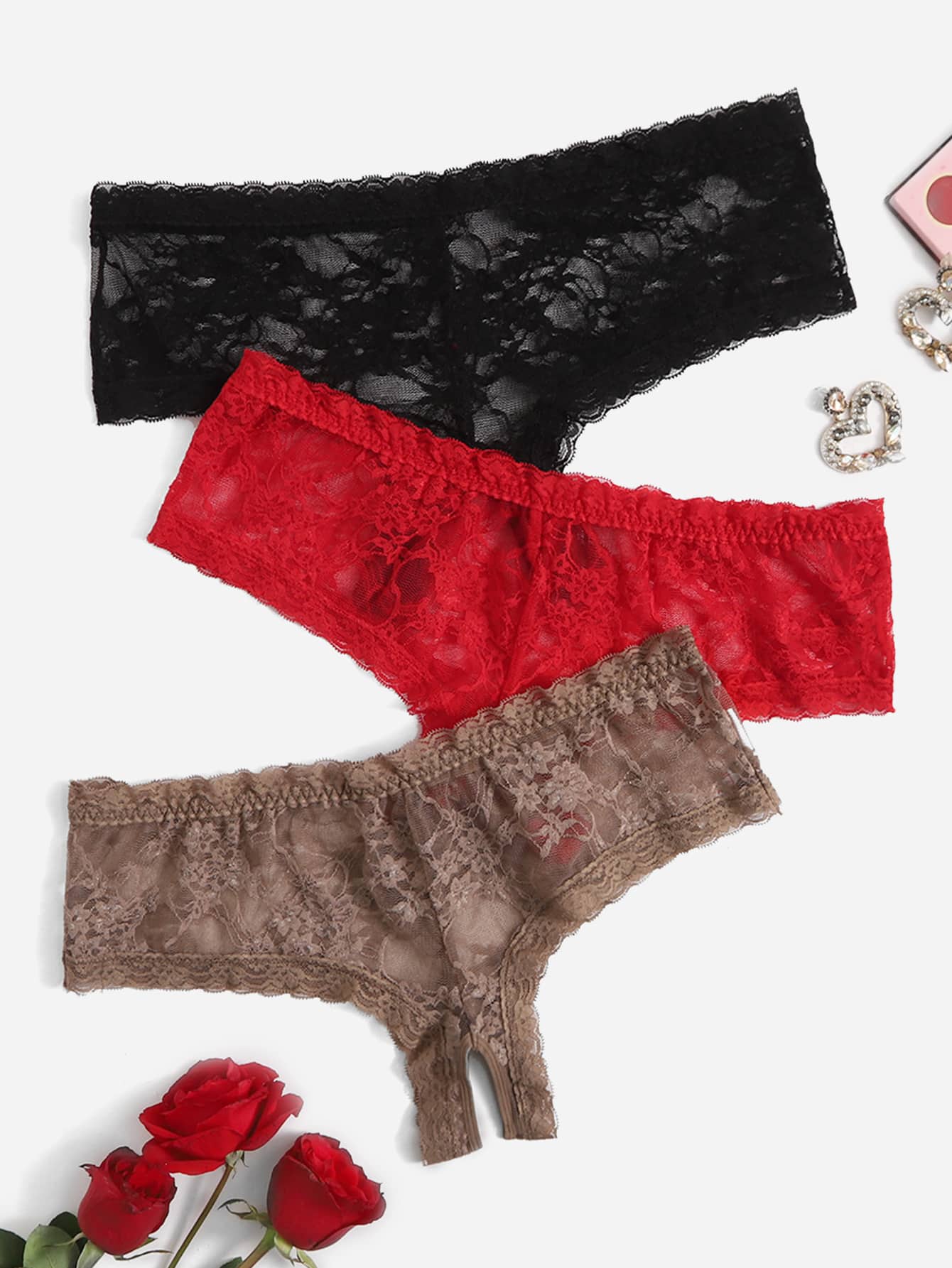 3pack Plus Floral Lace Open Crotch Panty - Multicolor - View 1