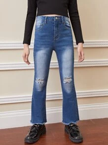 SHEIN Bé Gái Quần Jeans Nút Túi Hem thô Bị tách Dây kéo màu trơn - Rửa tối - Xem 1