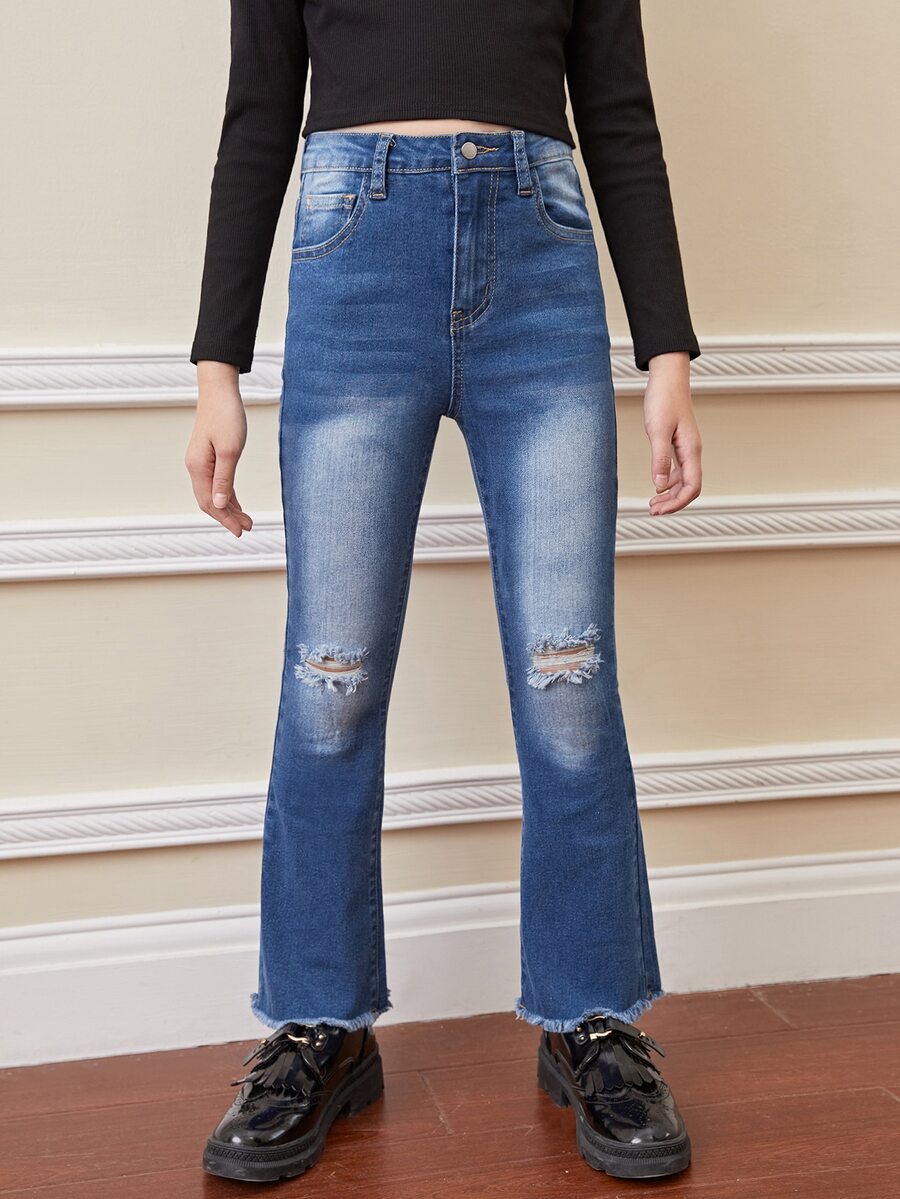 SHEIN Bé Gái Quần Jeans Nút Túi Hem thô Bị tách Dây kéo màu trơn - Rửa tối - Xem 1