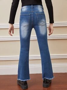 SHEIN Bé Gái Quần Jeans Nút Túi Hem thô Bị tách Dây kéo màu trơn - Rửa tối - Xem 2