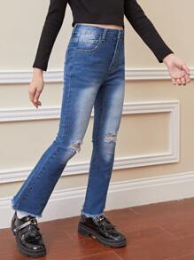 SHEIN Bé Gái Quần Jeans Nút Túi Hem thô Bị tách Dây kéo màu trơn - Rửa tối - Xem 3