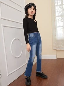 SHEIN Bé Gái Quần Jeans Nút Túi Hem thô Bị tách Dây kéo màu trơn - Rửa tối - Xem 4