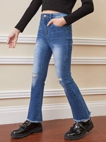 SHEIN Bé Gái Quần Jeans Nút Túi Hem thô Bị tách Dây kéo màu trơn - Rửa tối - Xem 5