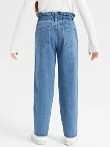 SHEIN Tween Girl Paper Bag Waist Button Front Raw Hem Jeans - Medium Wash - View 2
