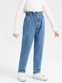 SHEIN Tween Girl Paper Bag Waist Button Front Raw Hem Jeans - Medium Wash - View 3