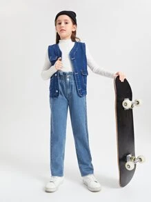 SHEIN Tween Girl Paper Bag Waist Button Front Raw Hem Jeans - Medium Wash - View 4