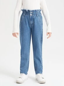 SHEIN Tween Girl Paper Bag Waist Button Front Raw Hem Jeans - Medium Wash - View 5